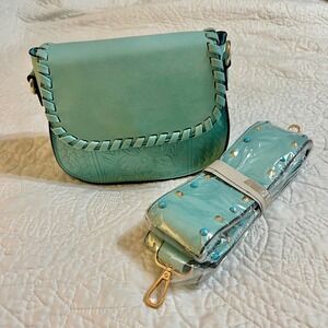 Kiss Me Couture Turquoise Embossed Shoulder Bag Studded Strap Boho Crossbody NEW